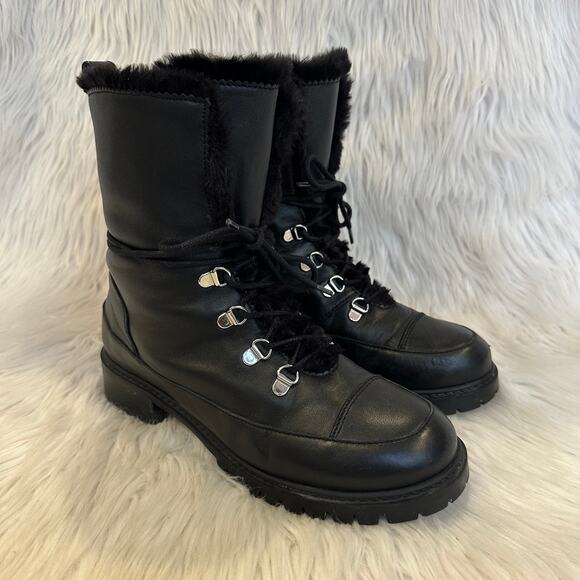 Stuart Weitzman Luge Boots Leather Faux Shearling Lace Up Mid Calf Combat Boots - Picture 15 of 16